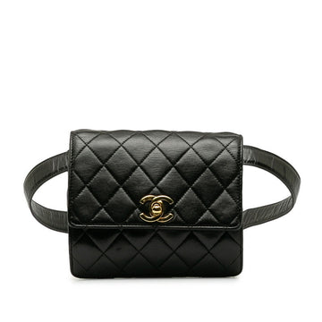 CHANEL Vintage Matlasse Belt Bag Waist Bag Lambskin Leather Black Women's