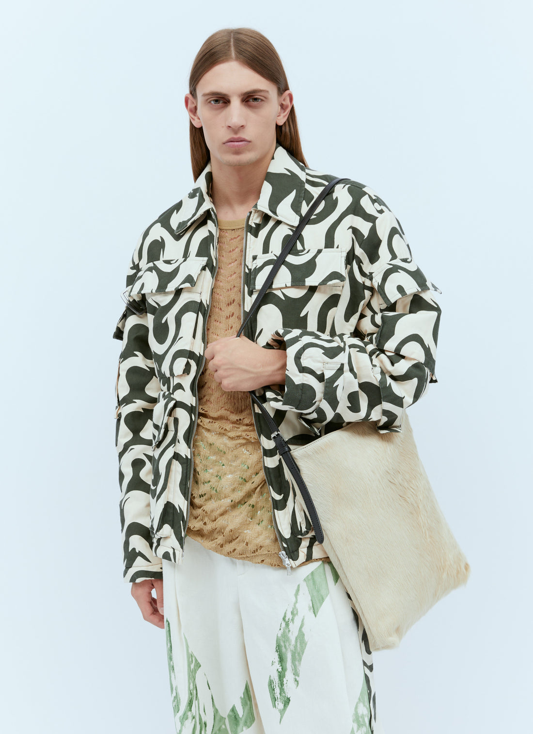Dries Van Noten Men Leather-Trimmed Hair Tote Bag