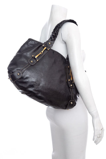 Gucci Black Patent Leather Handbag with Braided Handle and Horsebit Detail