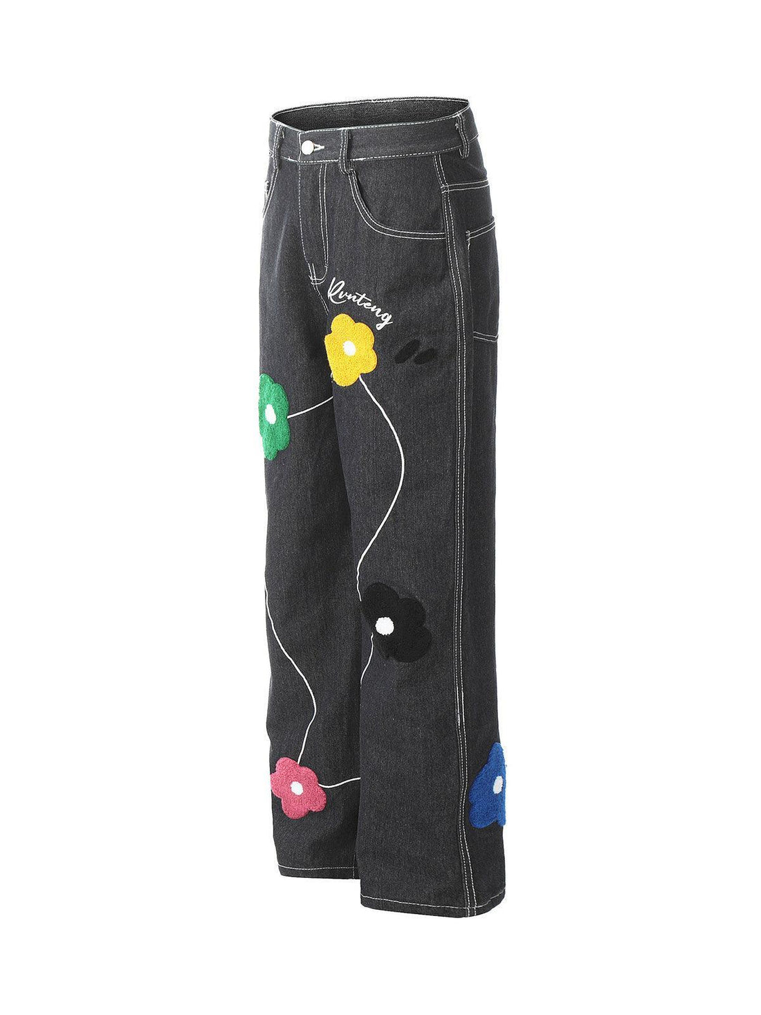 Makersluxe Vintage Floral Embroidery Washed Straight Leg Jeans