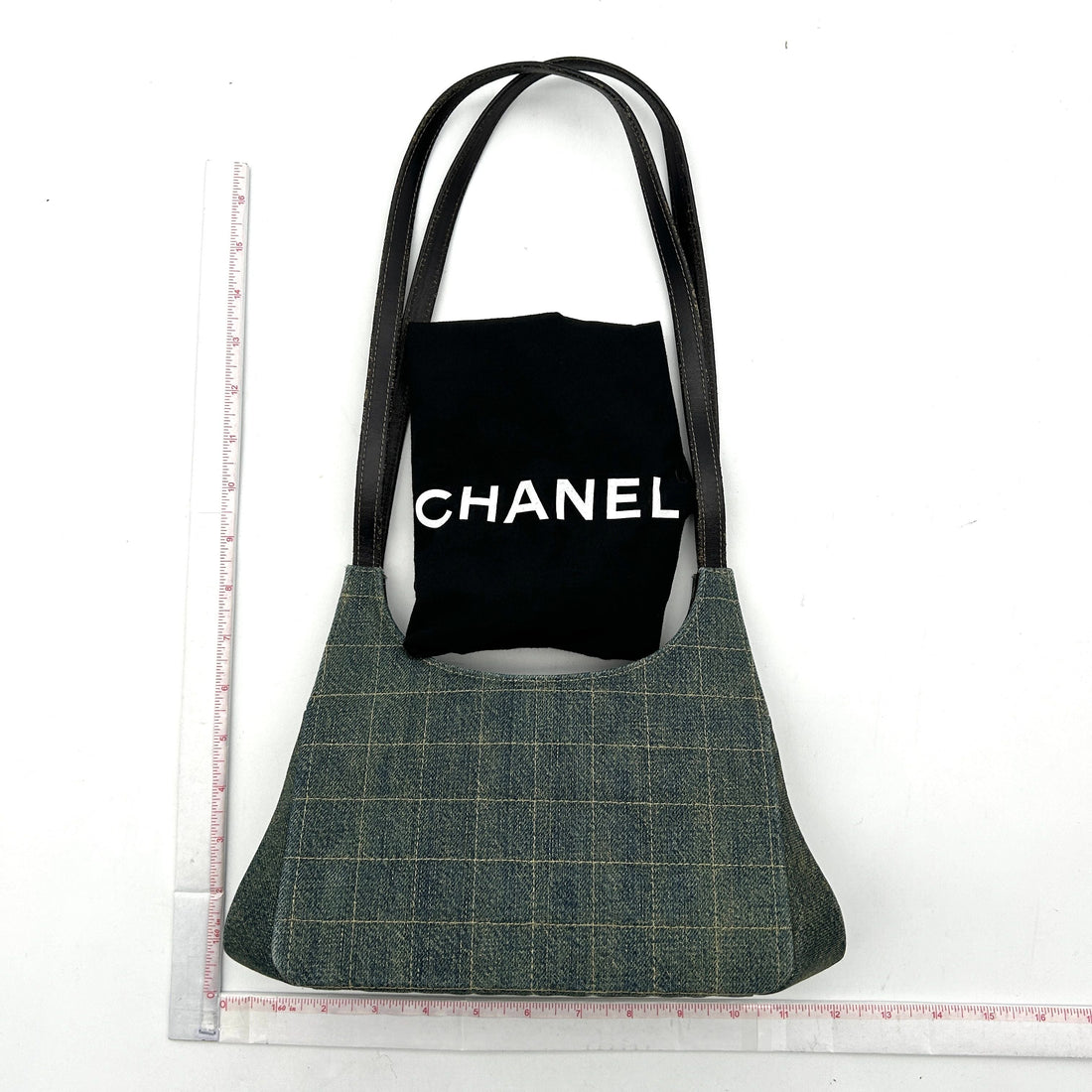 Chanel Denim Leather Shoulder Bag Green Medium LA18337
