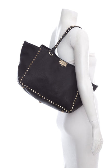Valentino Black Leather Rockstud Tote Handbag