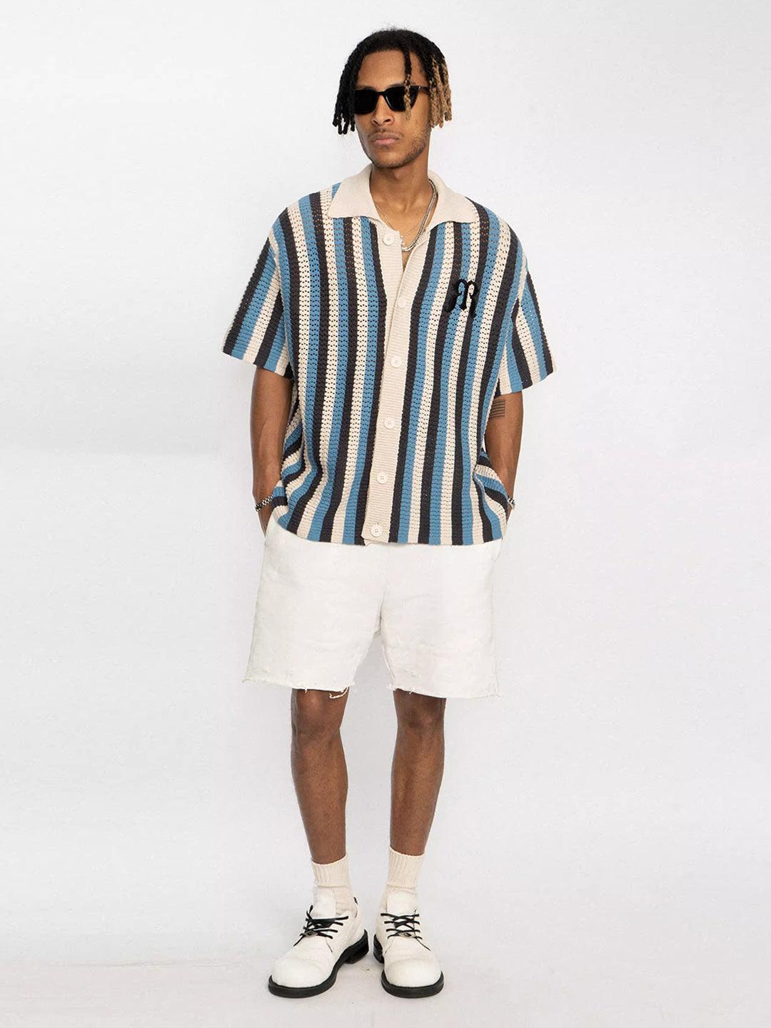 Makersluxe Striped Embroidered Short-sleeved Shirt