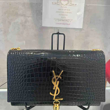 Ysl Kate Croc-Embossed Wallet on Chain, Black Calf Leather