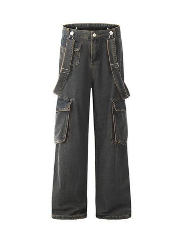 Makersluxe Retro Detachable Strap Multi-Pocket Jeans