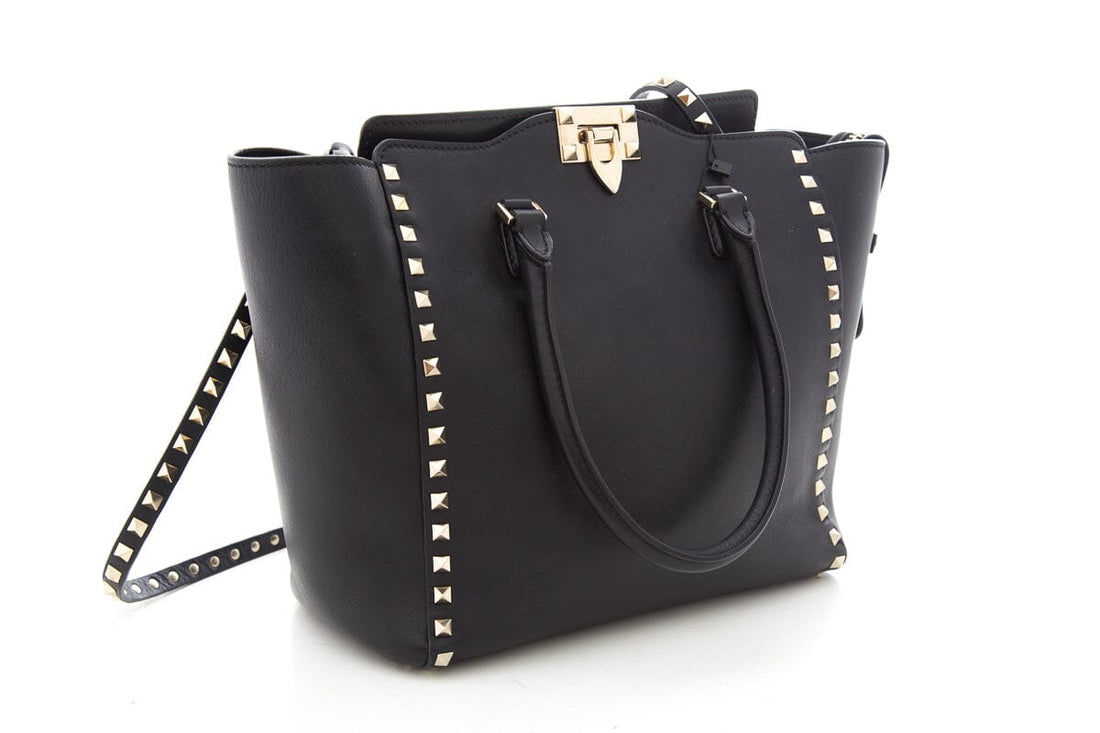 Valentino Black Leather Rockstud Tote Handbag
