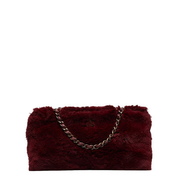 Chanel Coco Mark Chain Tote Bag Handbag Red Rabbit Fur Leather Women's