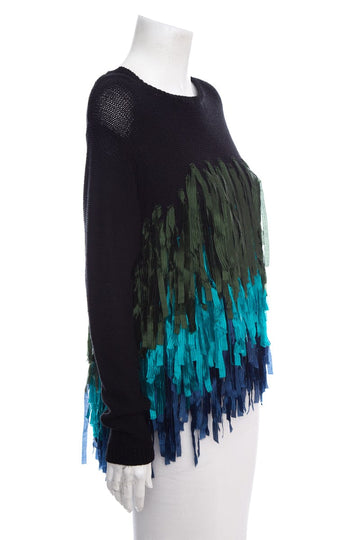 Dries Van Noten Black & Blue Fringe Crew Neck Sweater SZ S