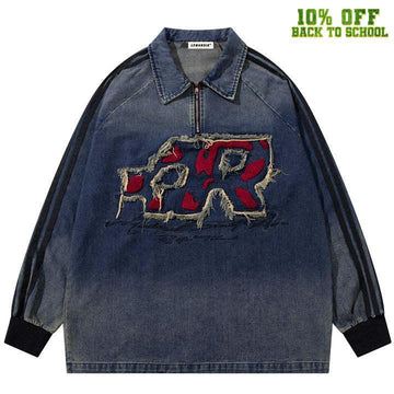 Makersluxe® Retro Washed Denim Stitching Polo Sweatshirt
