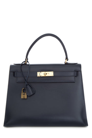 Hermès Vintage 1979 Kelly 28 CM Chèvre Leather in Bleu Marine with Gold Hardware