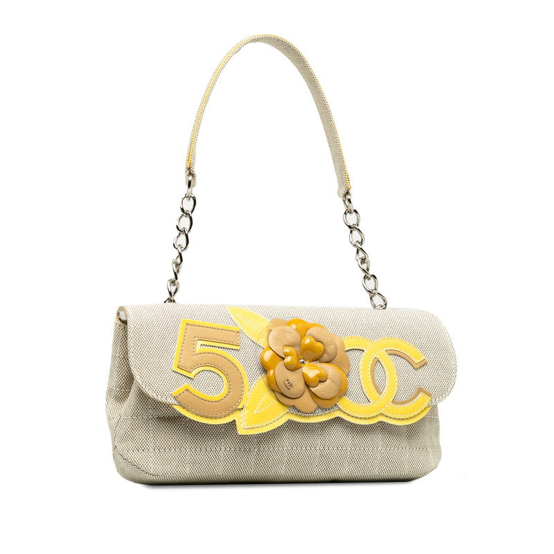 Chanel Cocomark Chocolate Bar Camellia Chain Shoulder Bag Beige Yellow Canvas Patent Leather Lady CHANEL