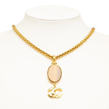 Chanel Vintage Coco Mark Tiger Eye Oval Necklace Gold Plated Women's
