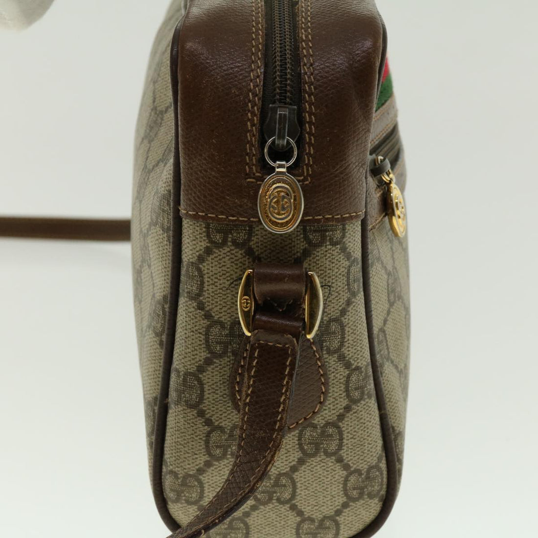 GUCCI GG Canvas Web Sherry Line Shoulder Bag PVC Leather Beige Green fm2201