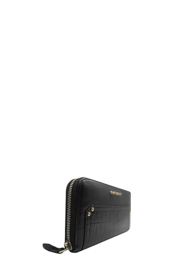 Pandora Zip Around Calfskin Crocodile Embossed Black