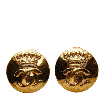 Chanel Vintage Coco Mark Round Crown Earrings Gold Plated Women's