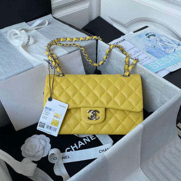 Makersluxe - Classic Flap Handbag Grained Calfskin Yellow Silver Hardware