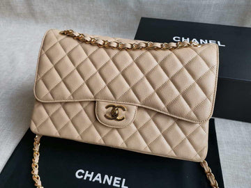 Makersluxe - Large Classic Handbag Grained Shiny Calfskin Apricot Gold