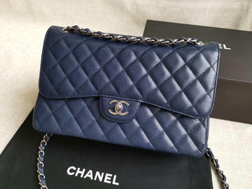 Makersluxe - Large Classic Handbag Grained Shiny Calfskin Navy Blue
