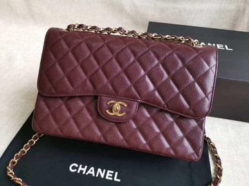 Makersluxe - Large Classic Handbag Grained Shiny Calfskin Wine Red