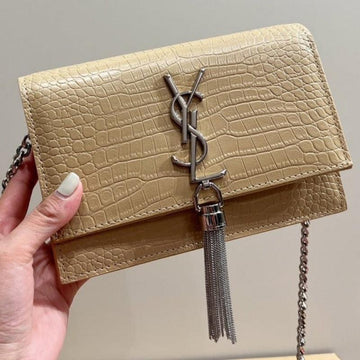 Makersluxe - Small Kate Tassel Bag With Chain Croc Beige