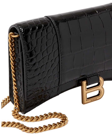 BALENCIAGA Hourglass Mini Wallet on Chain in Shiny Crocodile Embossed Calfskin