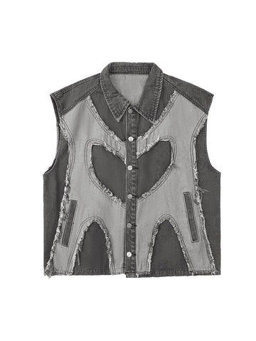 Makersluxe Contrast Denim Heart Stitching Street Rap Vest - 2062