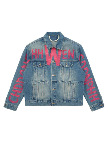 Makersluxe High Street Graffiti Lettered Distressed Washed Denim Jacket