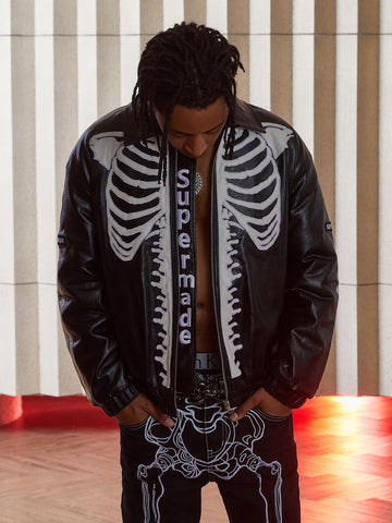 Makersluxe Hip Hop Bones Embroidered Leather Jacket - 1833