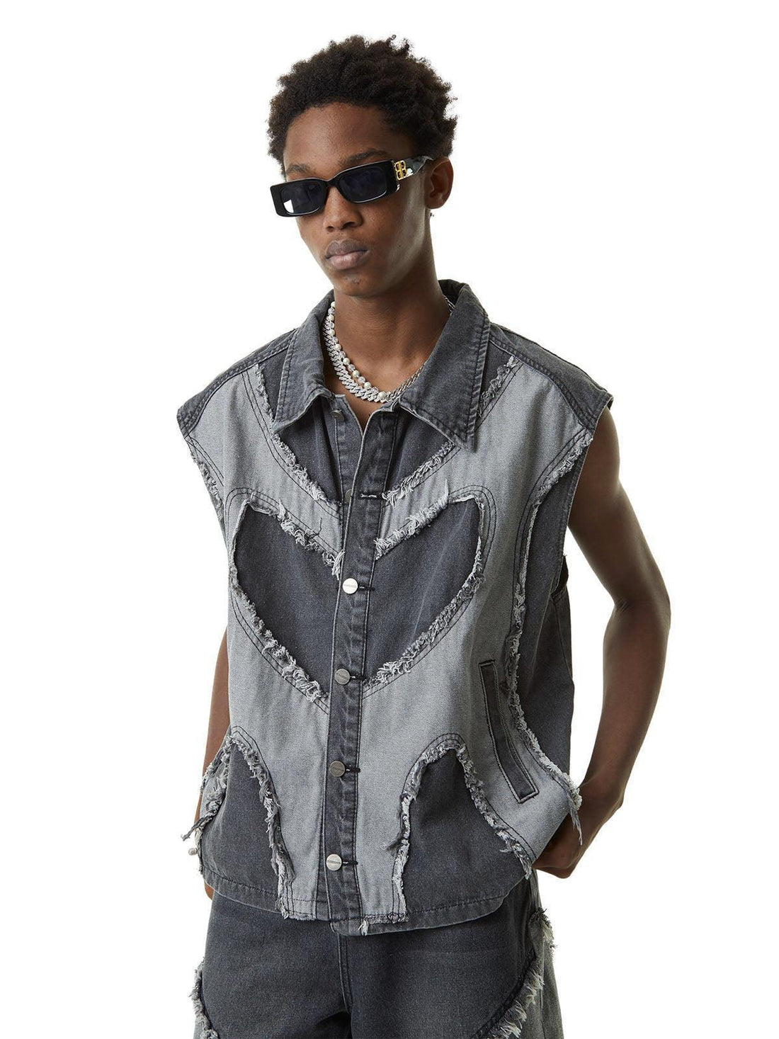 Makersluxe Contrast Denim Heart Stitching Street Rap Vest - 2062