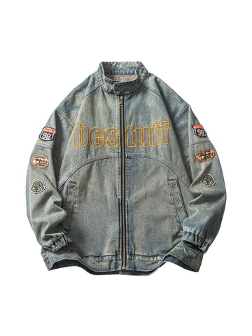 Makersluxe Hip-hop Badge Embroidered Do-over Denim Jacket - 1911