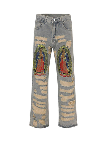 Makersluxe American Street Style Ripped Embroidered Jeans - 1617