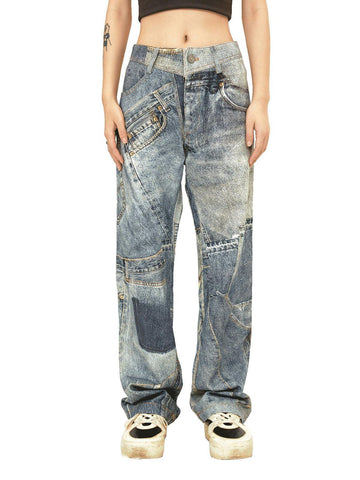 Makersluxe Street Hip-Hop Deconstructed Print Jeans