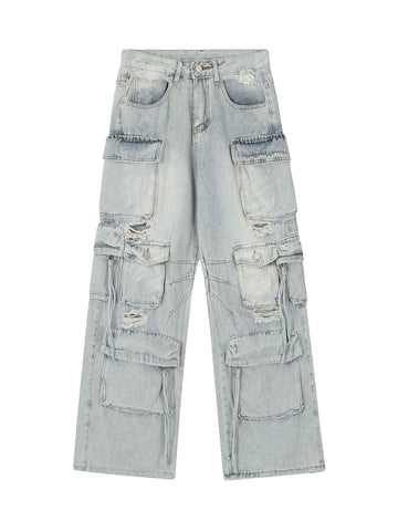 Makersluxe Washed Multi-pocket Work Cargo Jeans - 1830