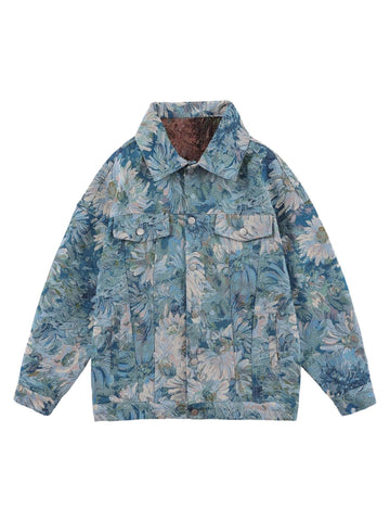 Makersluxe Oil Painting Jacquard Flower Denim Jacket -1286