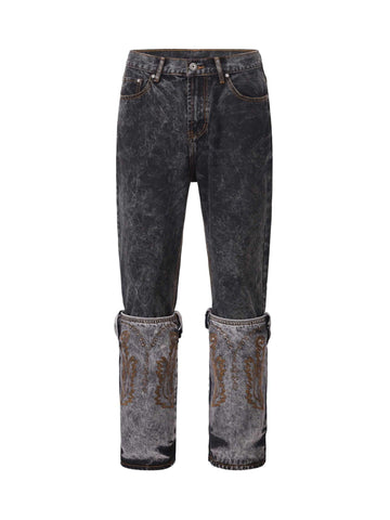 Makersluxe Acid wash Embroidery Stitching Two-tone Jeans - 1744