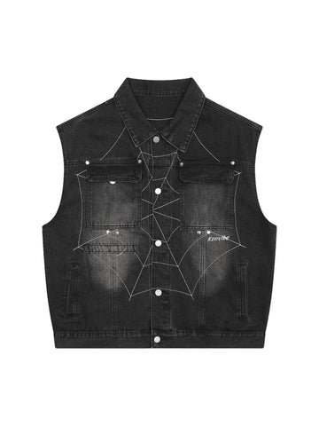Makersluxe Dark Spider Letter Embroidered Denim Vest Jacket