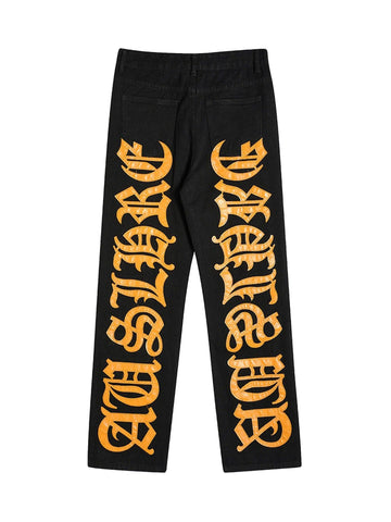 Makersluxe Burning Text Embroidered Letters Jeans -1478
