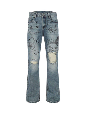 Makersluxe Washed Graffiti Ripped Jeans