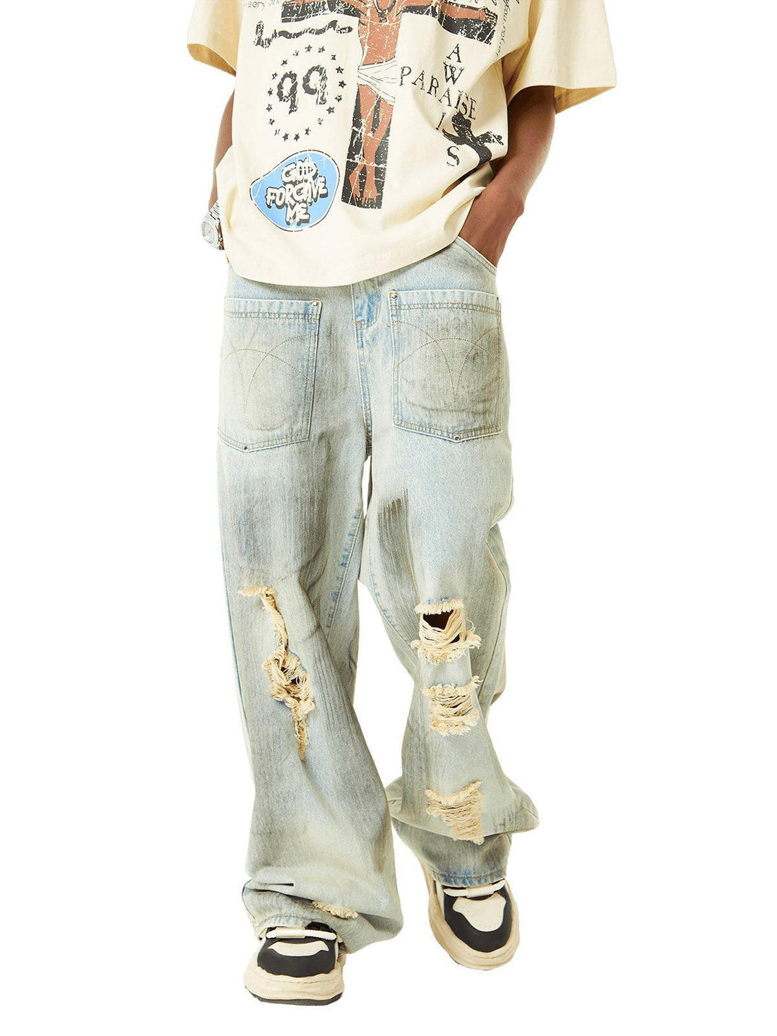 Makersluxe Retro Washed Reverse Design Hip-Hop Jeans