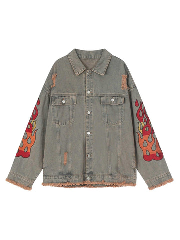 Makersluxe Flame Denim Embroidered Burlap Jacket - 1543