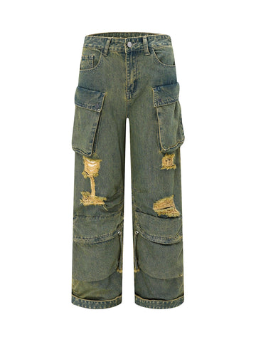 Makersluxe Wasteland Style Washed Distressed Work Cargo Jeans