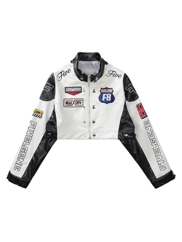 Makersluxe Badge Short PU Leather Racing Jacket - 1631