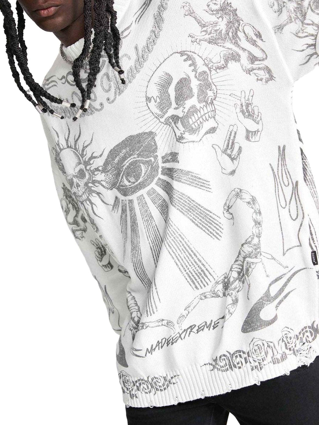 Makersluxe Skull Print Distressed Sweater - 1002