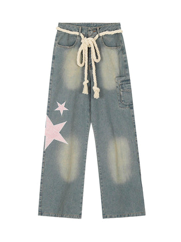 Makersluxe Pentagram Embroidered Loose Straight Leg Pants