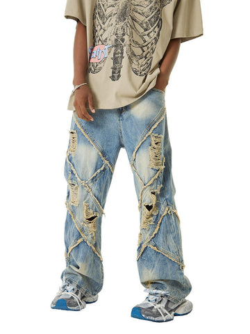 Makersluxe Heavy Washed Ripped Plaid Stitching Hip-Hop Jeans - 2174