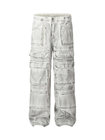 Makersluxe Loose-fitting Multi-pocket Smudged Design Work Jeans - 2120