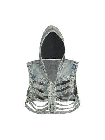 Makersluxe Dark Skeleton Hooded Denim Vest - 1637