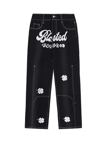 Makersluxe Letter Lucky Clover Embroidered Baggy Jeans - 1162