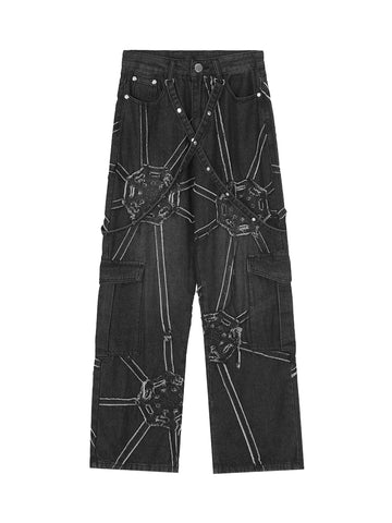 Makersluxe High Street Hip-Hop Spider Web Denim Pants-1512