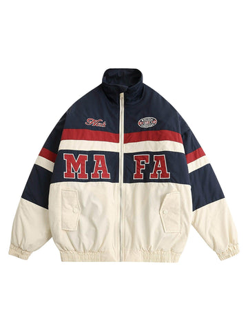 Makersluxe Retro Letter Embroidery Color-Blocked Cotton Jacket - 1557